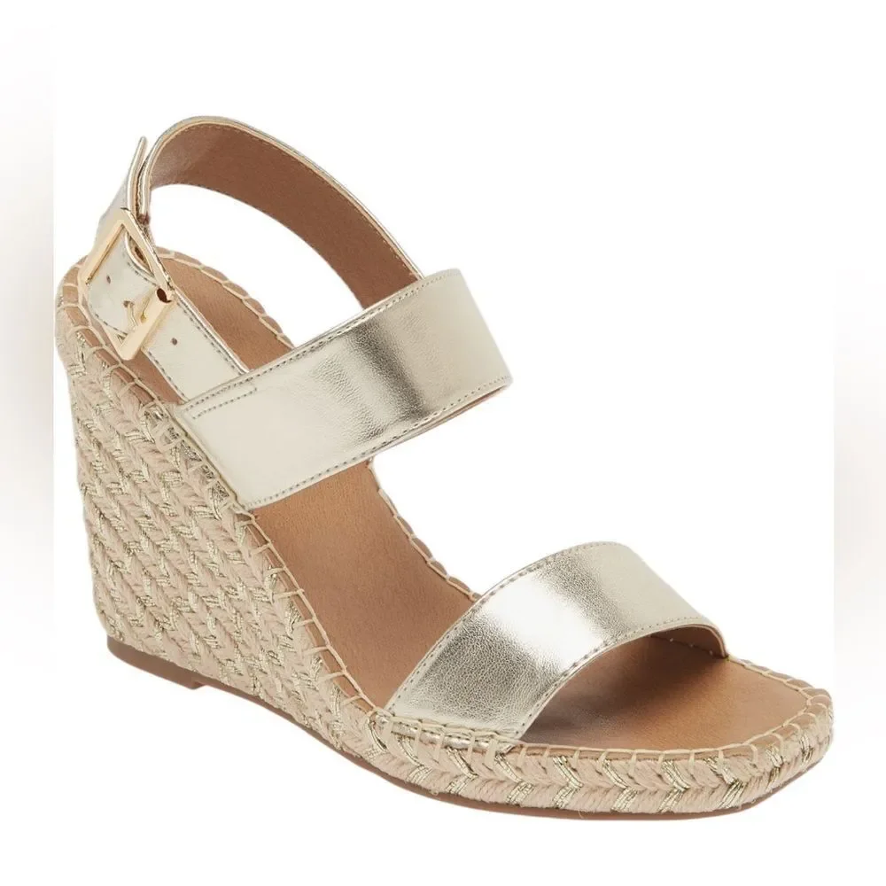 NWT STEVE MADDEN GOLD ESPADRILLE WEDGE SANDALS SUMMER VACATION SHOES‎